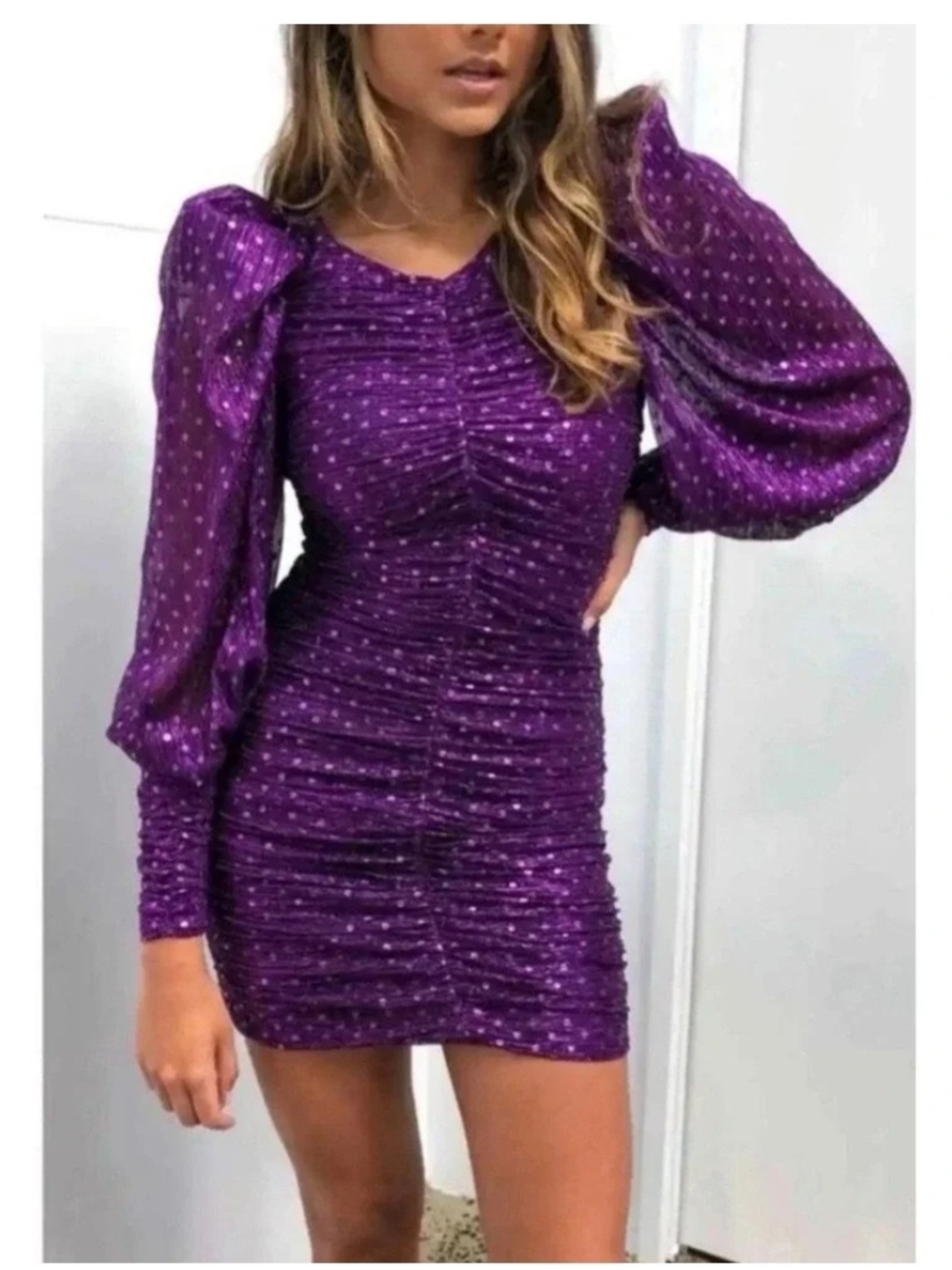 NWT! For Love & Lemons Purple Ruched Puff-Sleeve Mini Dress